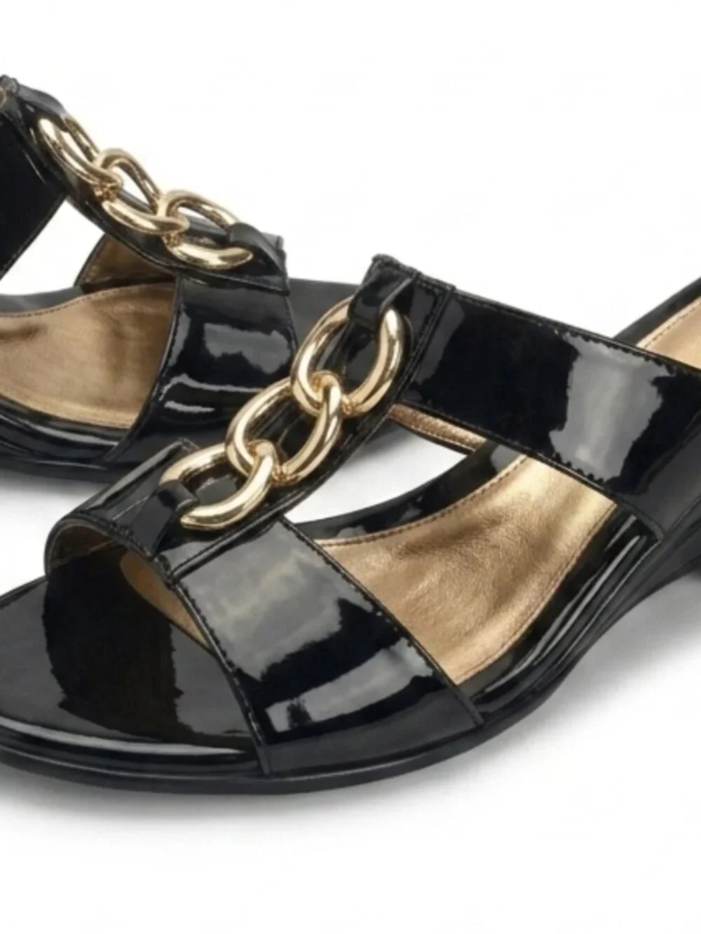 Like New Sofft Black Patent Leather Gold Ring Wedge Slide Sandals Size 8